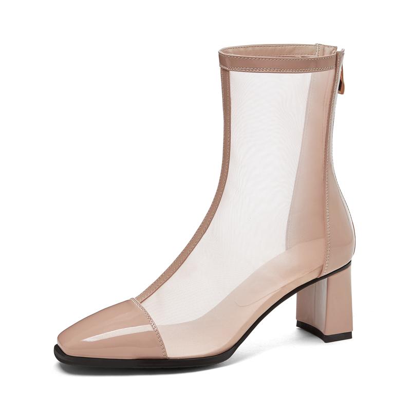 

Q/Женские короткие сапоги на высоком каблуке, весенне-летние однотонные однотонные ботинки в сетку на толстом каблуке 52 розового золота