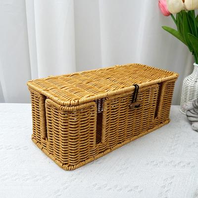 Handwoven Rattan Cable Management Box Large Capacity Farmhouse Rustic TV Computer Charger Wire Router USB Hub Storage Basket Organizer