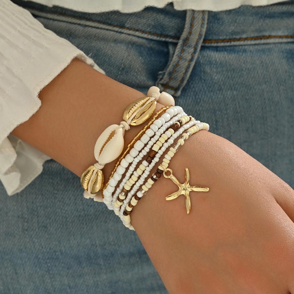 New Women's Bohemian Seven-Piece Set Bracelets - Shell Beaded Weaving Design with Starfish Pendant able Beach Jewelry