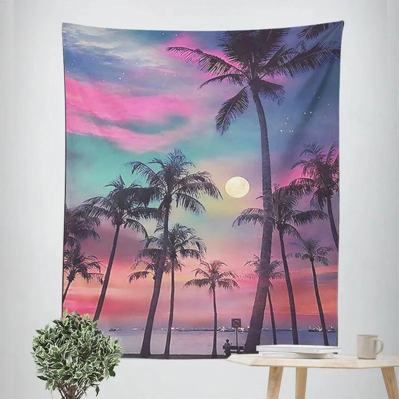 Tapeçaria decorativa tropical de coqueiros ao anoitecer, decoração de parede para casa, escritório, sala de estar