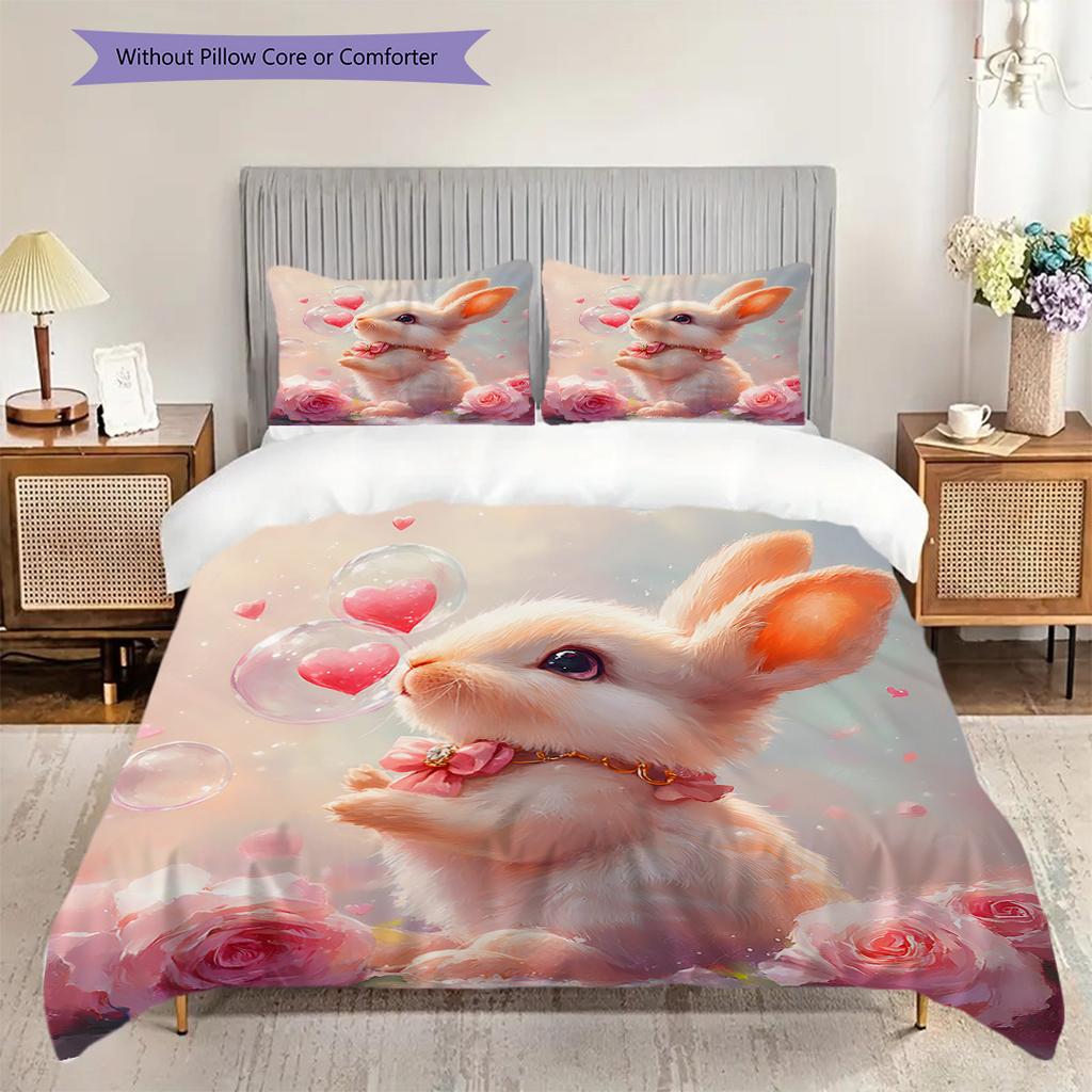 Rabbit Pattern Bedding Quilt Set Quilt Cover Pillowcase Home Decoration Birthday Gift (1 * duvet cover + 2 * pillowcase, without core)