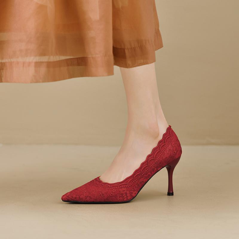 Bestickte Brautschuhe Hochzeitsschuhe Retro Französische Sandalen Hohe Absätze Einzelne Schuhe Dünne Absätze Bankett Spitzpumps 34-39