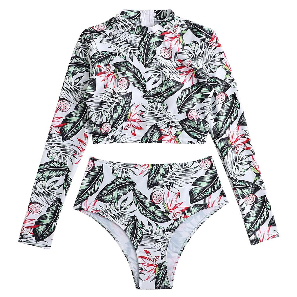 Women's Split Body With Bra Pads No Steel Bra Printed Zipper Swimsuit Long Sleeve Swimsuit