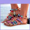 Elegante Damen Böhmische Sandalen Gladiator Leder flach mit bunten Pompons
