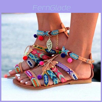 Elegant Women Bohemia Sandals Gladiator Leather Flats With Colorful Pom-poms