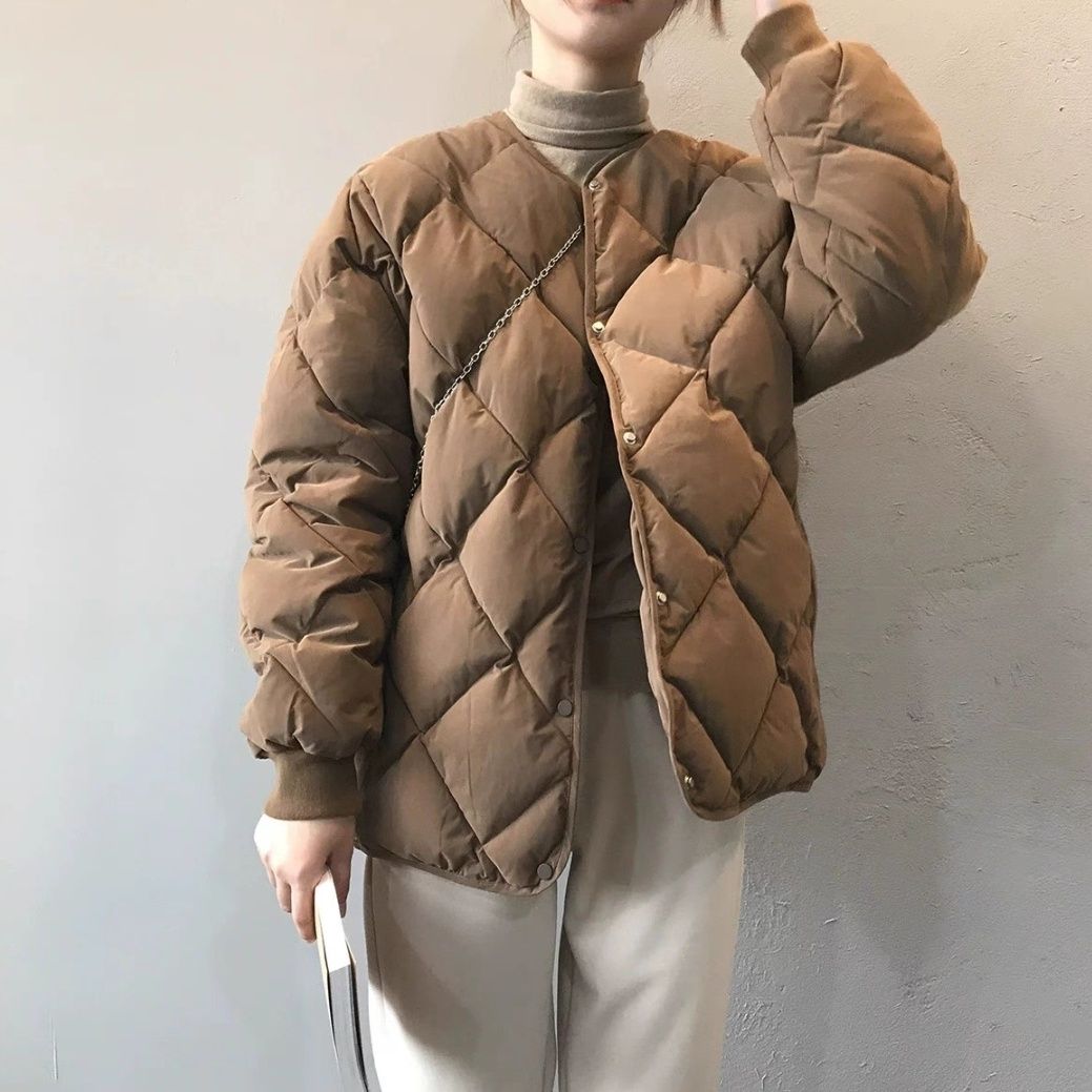 

Женская осенне-зимняя однотонная куртка без воротника с ромбовидным узором, с круглым вырезом, модная короткая хлопковая куртка с легким хлопковым пальто, верхняя одежда XL темно-коричневого