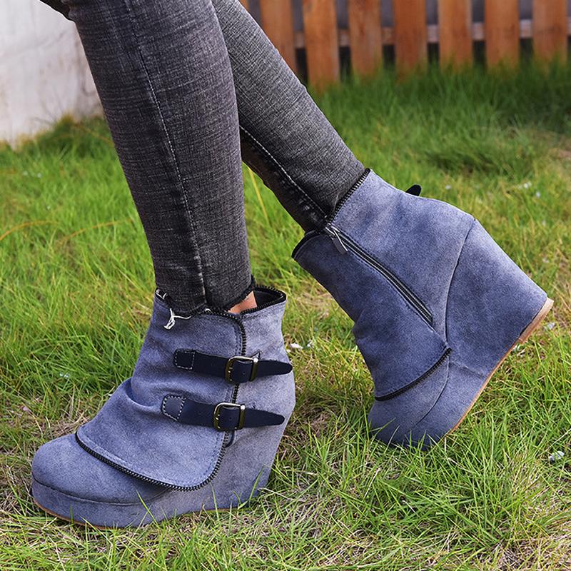 Hoge Hak Laarzen Vrouwen Enkel Wedges Dames Schoenen Nep Rits Gesp
