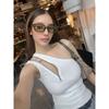 European and American Gyaru Wear Sloping Shoulder Knit vest Short American Black Sleeveless T-shirt Slim fit Slimming off-Shoulder Top