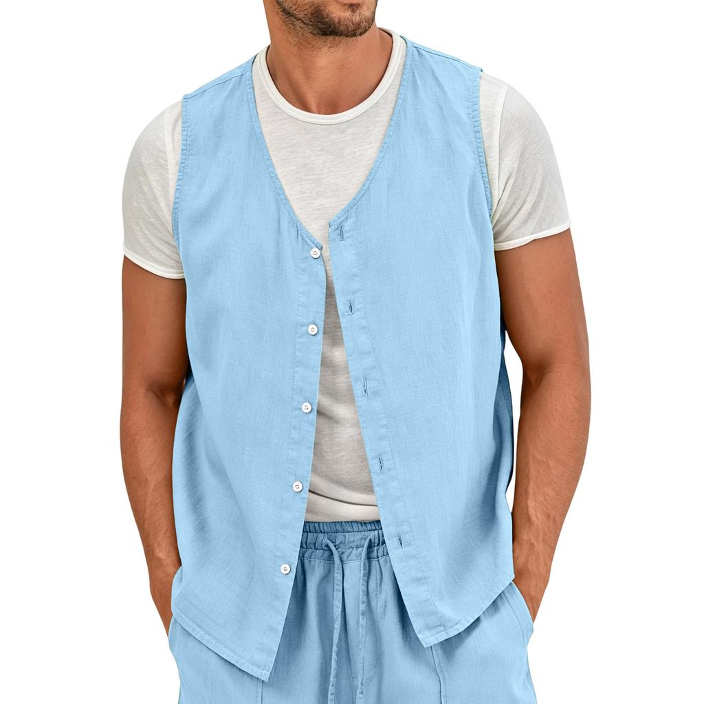 Men's Lightweight Button Front Linen Vest Sleeveless Casual Summer Shirt Non-Iron Breathable Fabric Relaxed Fit
