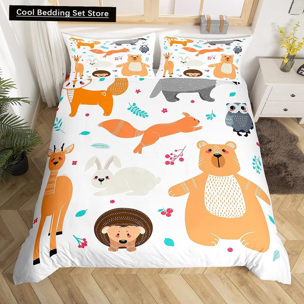 Kids Cartoon Animal Zebra Giraffe Fox Kangaroo King Queen Duvet Cover Boy Girl Rabbit Wildlife Bedding Set Polyester Quilt Cover