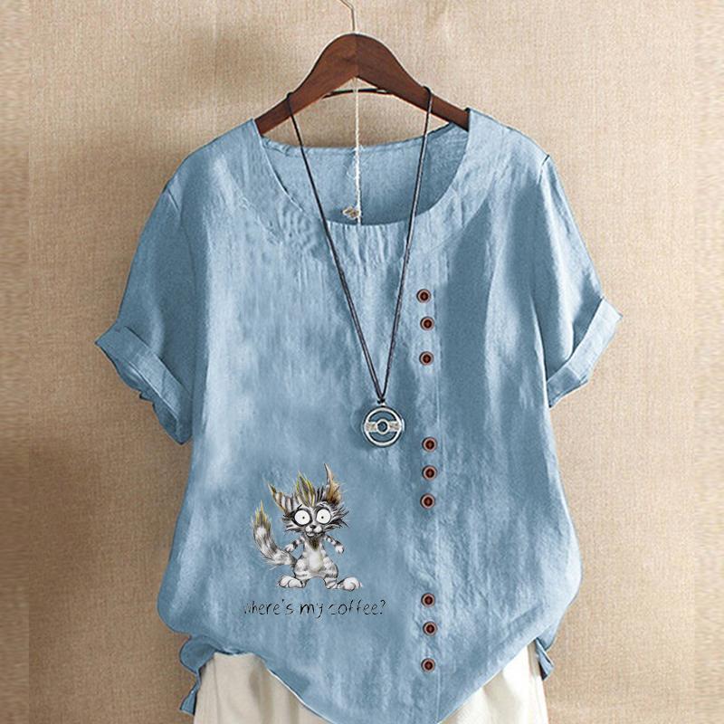 Women's Fashion Cartoon Cat Prined Short Sleeve T-shirt Loose Cotton Shirt Casual Loose Summer Blouse Tops Plus Size
