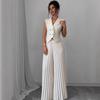 Women's Sleeveless Double Breasted Blazer Vest Two Piece Set High Waist Pleated Wide Leg Pant Elegant Casual Outfit