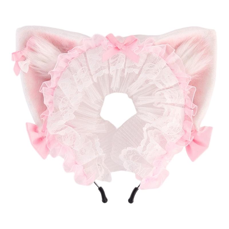 

Пушистые повязки на голову с ушками животных и аниме-бантиками, аксессуар для косплеев, костюмированных вечеринок, Хэллоуин-мероприятия розовый