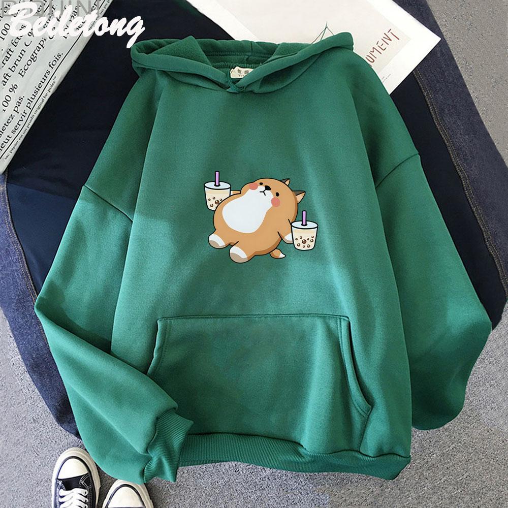 Boba Tea Hoodie Cute Dog Print Oversized Cartoon Women Sweatshirt Hoodie Kawaii Clothes for Girl Pullover Casual Harajuku