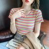 New Spice Girl Sexy Pure Desire Striped Short Sleeve T-Shirt Slim and Skinny High Waist Fungus Edge Top ins Women