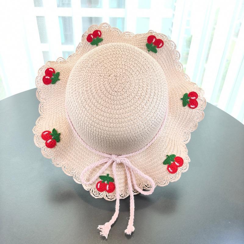 Cute Girls Straw Sun Hat Red Cherry Lace Wavy Brim Summer Beach Fisherman Cap Kids Bucket Hat 1pc straw hat розовый