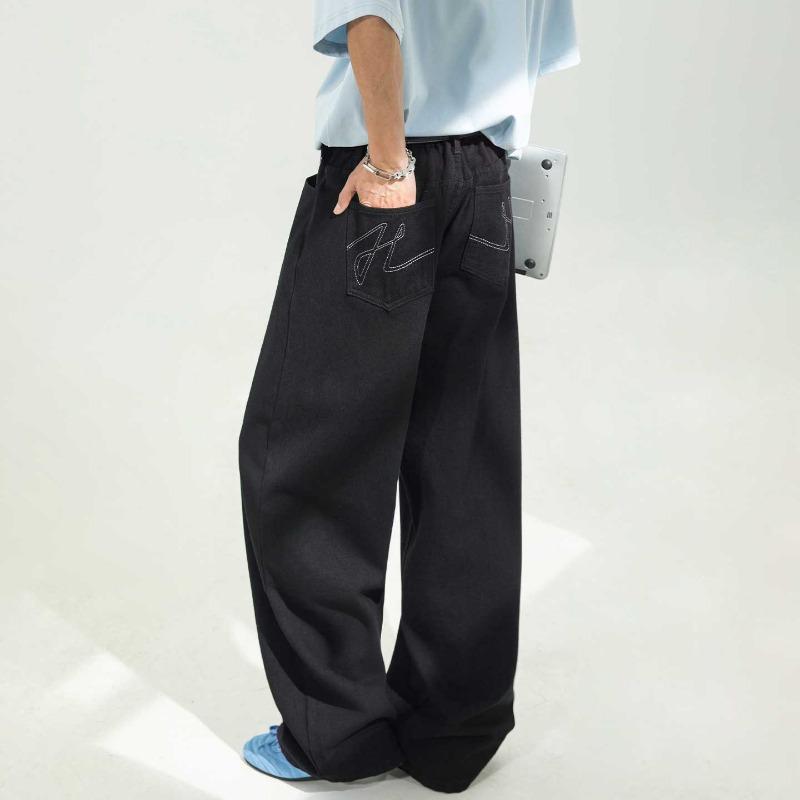 Men Loose Straight Cleanfit Denim Jeans Retro Casual Embroidered Long Pants