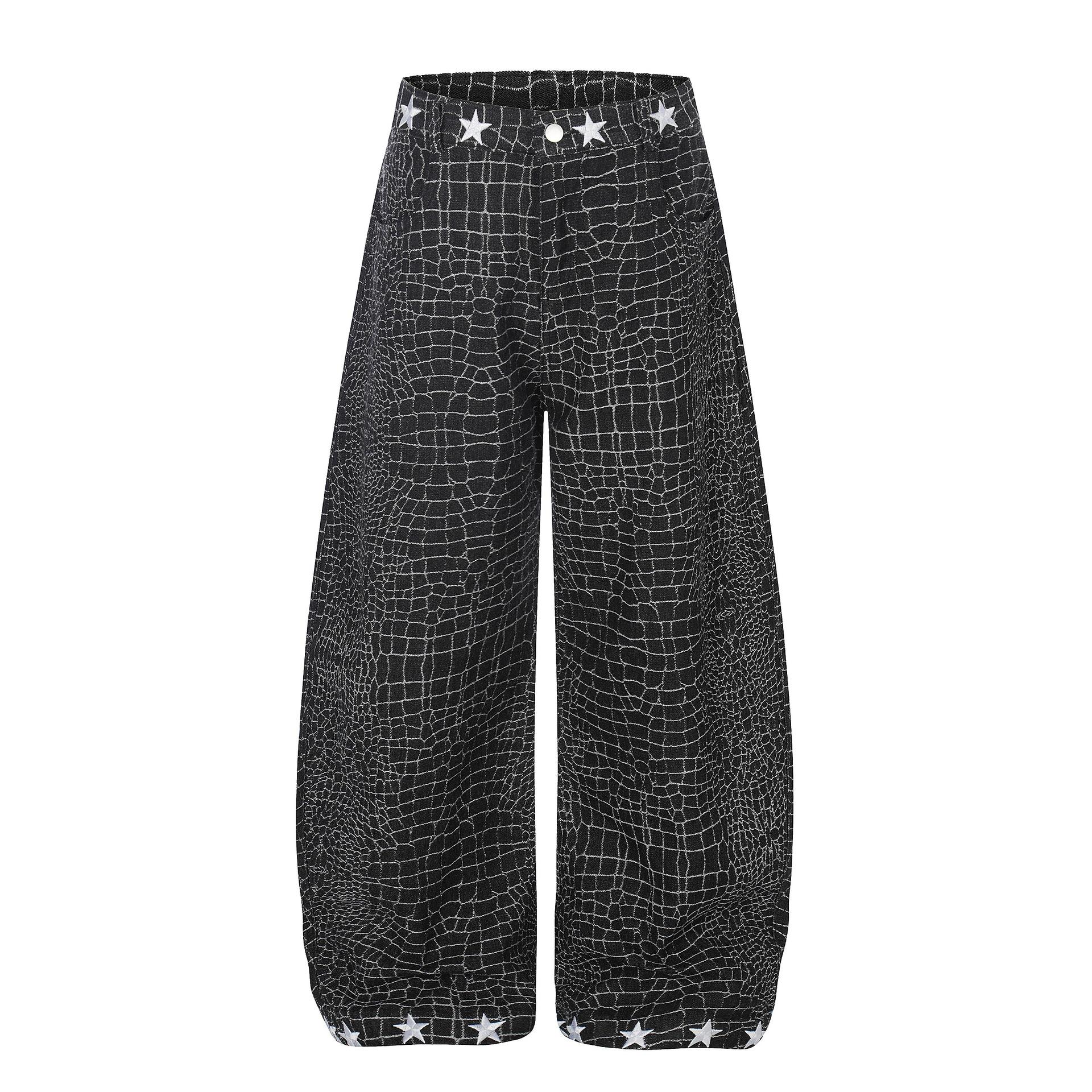 European, American high street RO wind cracked jacquard personalized scimitar jeans loose wide-leg trousers S