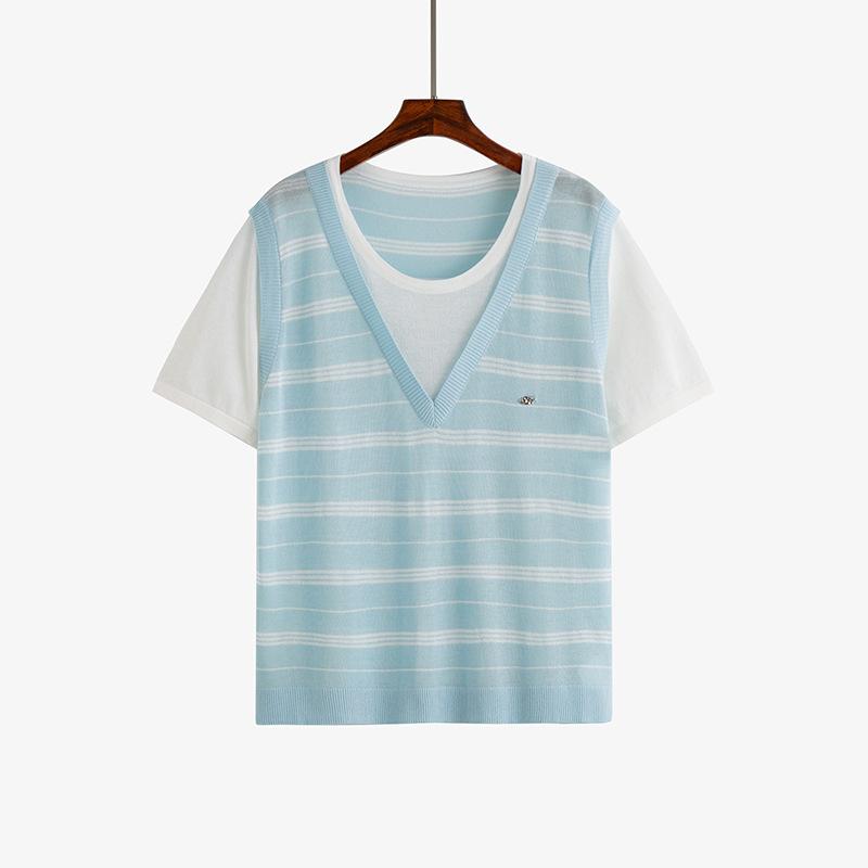 

Женский поддельный двухсекционный топ, женский полосатый вязаный свитер, летняя утягивающая свободная футболка с короткими рукавами 3XL синий