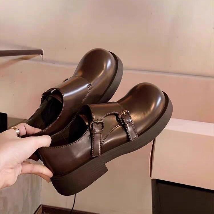 

Осенние туфли с двойной пряжкой, круглым носком и педалью, уродливо-милые, универсальные, в стиле ретро, с большой головой, кожаные, женские 40 коричневый