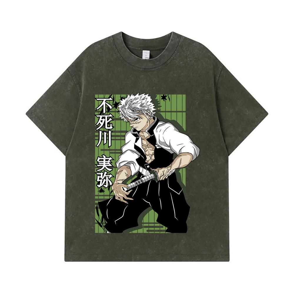 

275 GSM Washed T-shirts 100% Cotton Demon Slayer V76 Sanemi Print Unisex Heavy Cotton T Shirt S армия зеленый