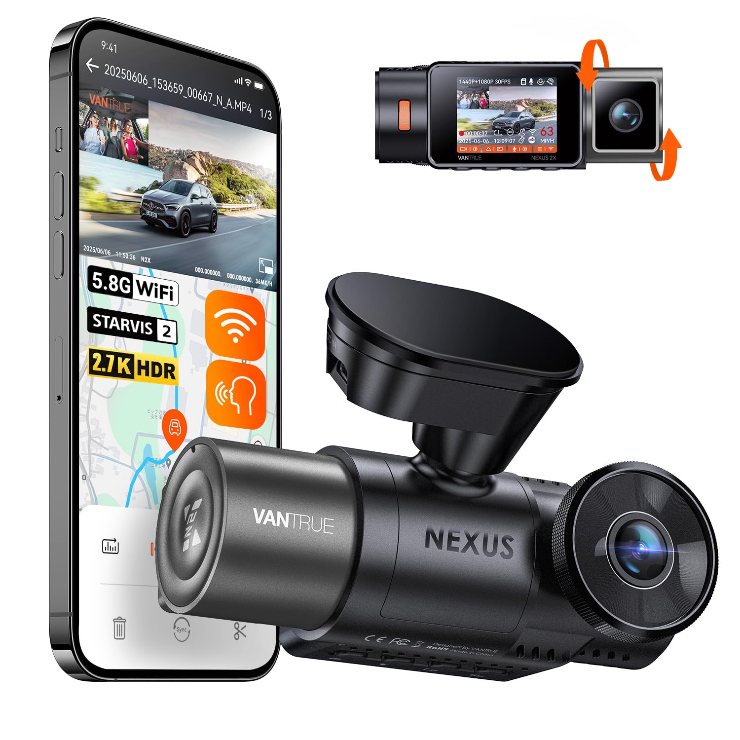 

VANTRUE N2X Видеорегистратор Передний и Задний Интегрированный Видеорегистратор для Парковки Передний и Задний Внутренний и Наружный 1944P Суперсильный Ночной Starvis IMX675 Аварийный чёрный