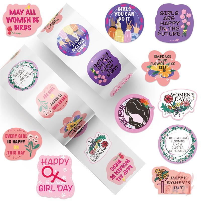 500Pcs/Roll Happy Women's Day Kids Rewards Stickers - DIY Scrapbooks Album Decor Sealing Label Decals