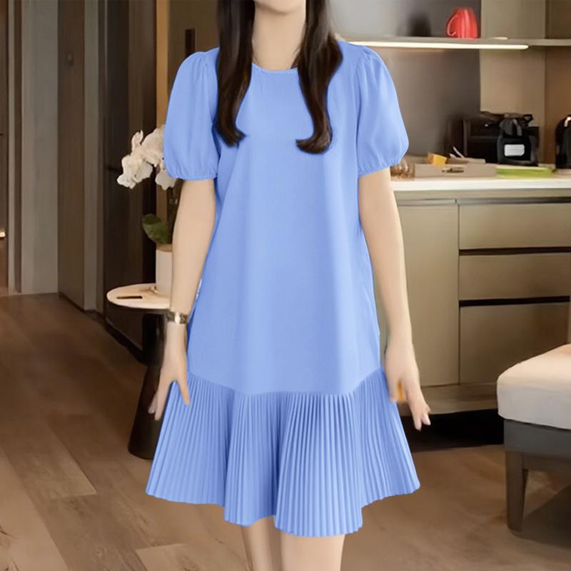 

ZANZEA Женское повседневное однотонное платье с круглым вырезом и коротким рукавом S синий