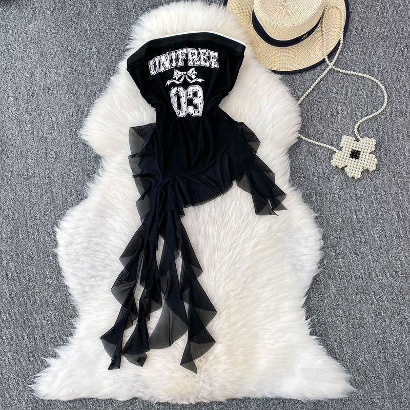 

American Gyaru off-Shoulder Letters Print Tube Top Vest Women Summer New Waist Hugging Slimming Frill Ribbon Top Black One size