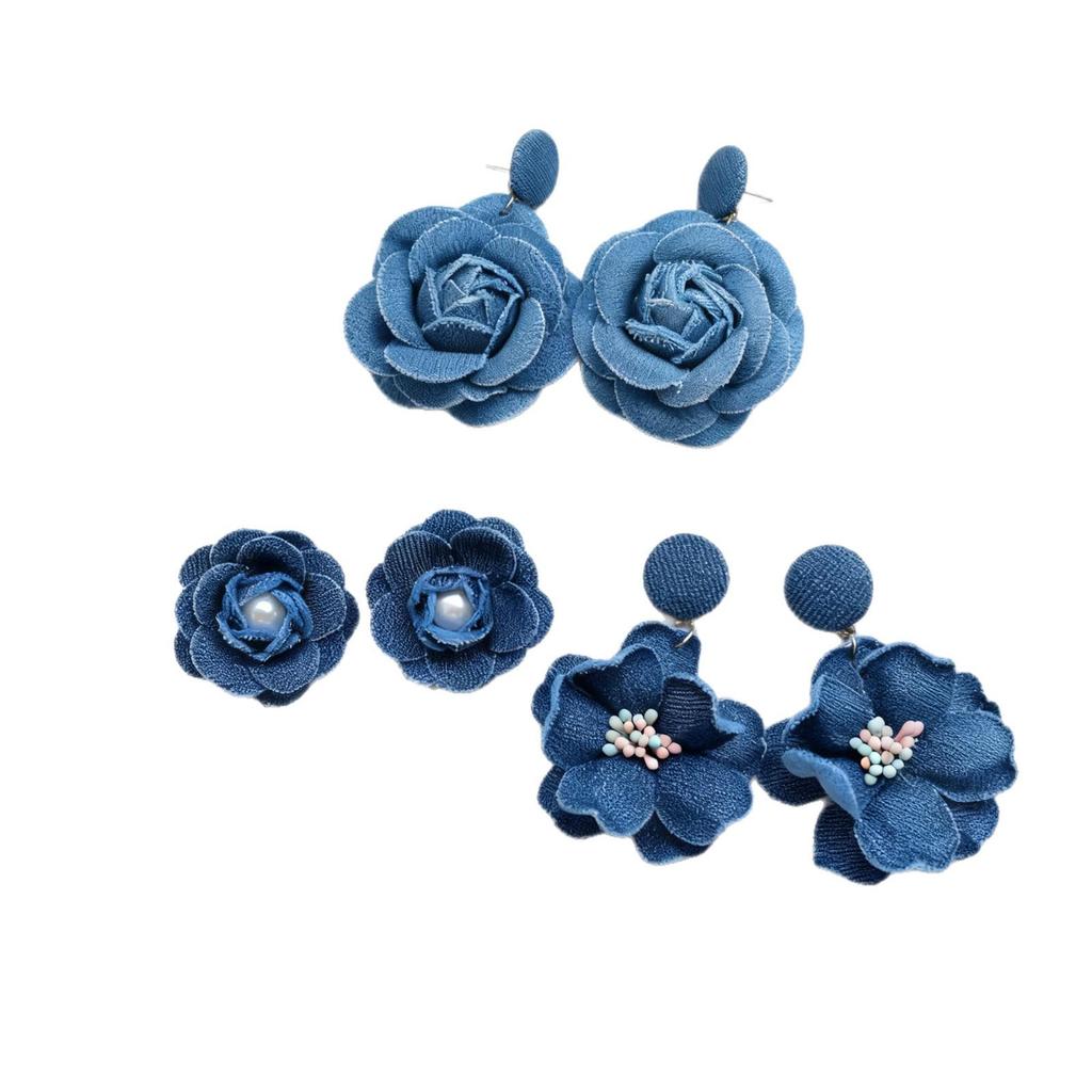 Pearl and Denim Flower Earrings for Women - Elegant and Versatile Studs