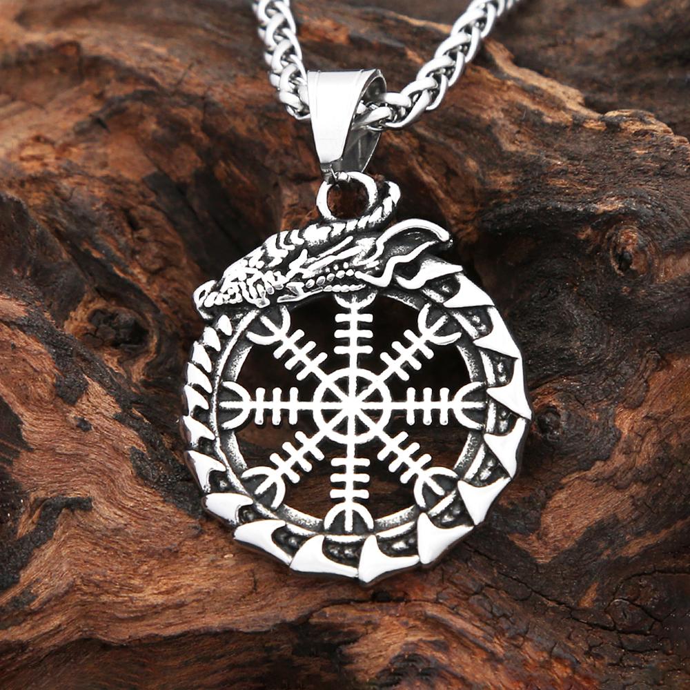 Vintage Vikings Dragon Ouroboros Pendant Necklaces For Men Stainless Steel Nordic Viking Compass Necklace  Amulet Jewelry