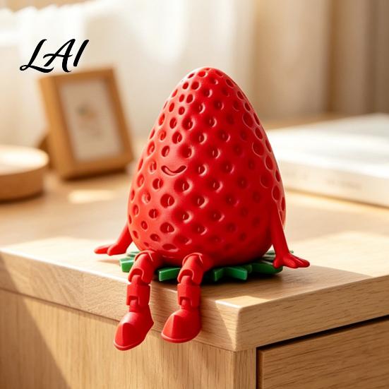 Anthropomorphic Fruit Desk Decor 3D Printed Articulated Strawberry Storage Box Cute Figurine with Small Jewelry Organizer for Earrings Movable Limbs,