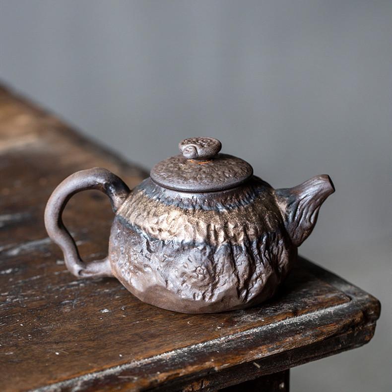 200ml Vintage Coarse Pottery Teapot with Gilded Tree Stump Design for Home Use Kung Fu Tea Set