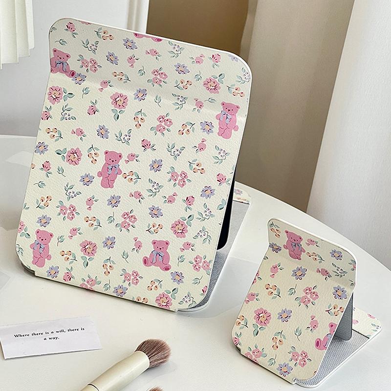 Folding Makeup Mirror High-Quality Portable Desktop Makeup Mirror Single-Side Creative Women Floral Bear Standing Makeup Mirror