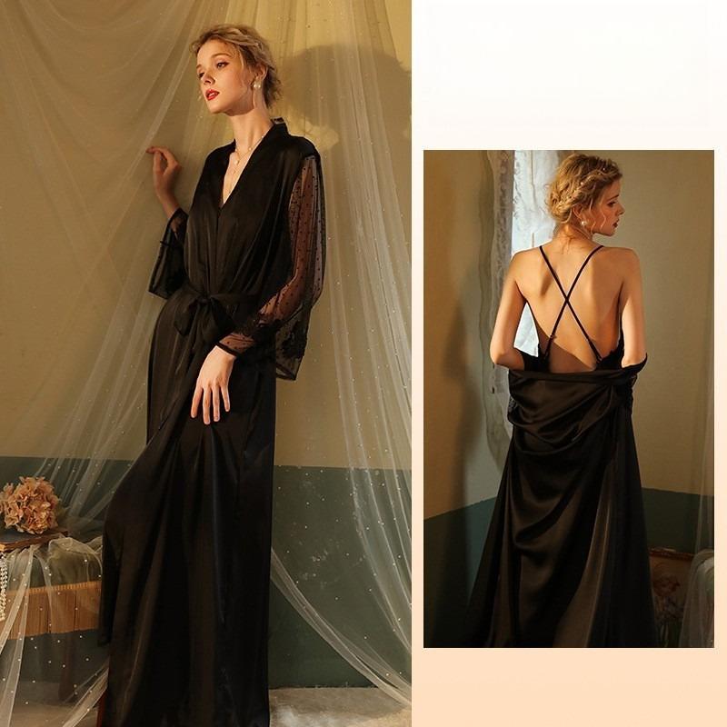 Spitzen-Tief-V-Rückenfreies Satin-Set Cami-Nachthemd mit Netzärmel Außenmantel Lange Loungewear 6076 Luxuriöse Zweiteilige Nachtwäsche mit Schicken Netzärmeln