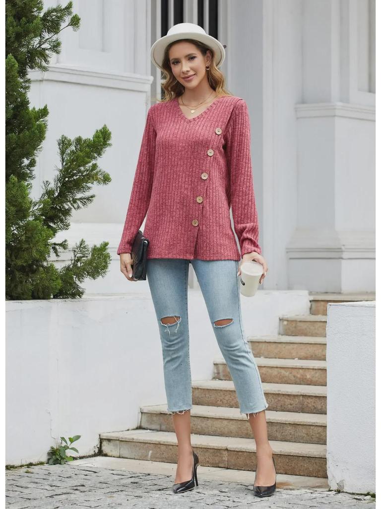 2023 Women's Autumn & Winter V-Neck Button Split Loose Long-Sleeve T-Shirt Top