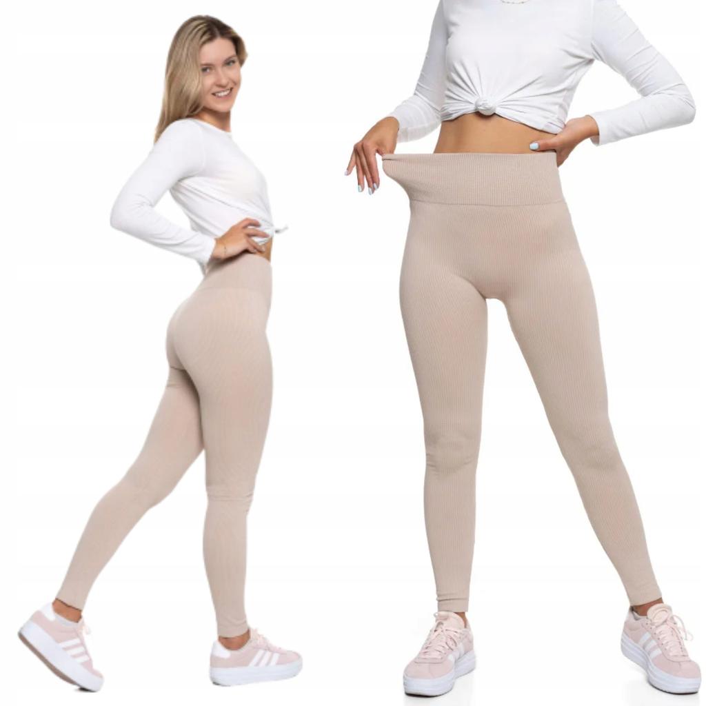 MORAJ Women's High Waist Ribbed Leggings, Fashionable, Sporty, L/XL, Beige
