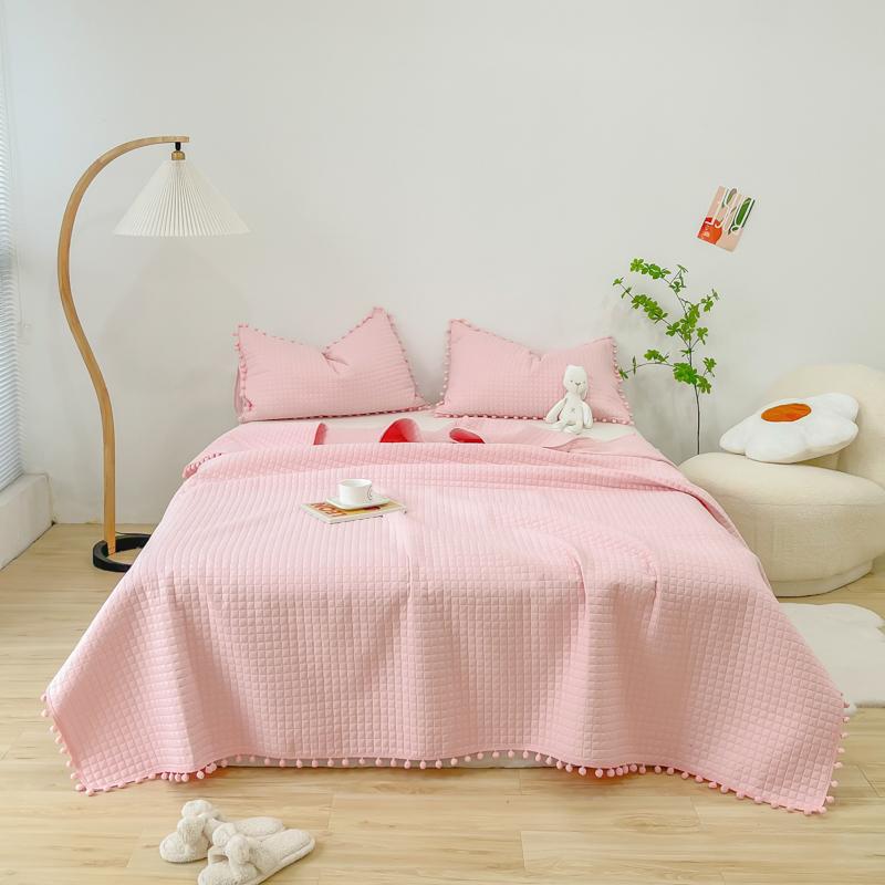 INS Style White Ball Edge Quilted Quilt Blanket Bedspread Washed Solid Color Korean Princess Style Summer Thin Quilt