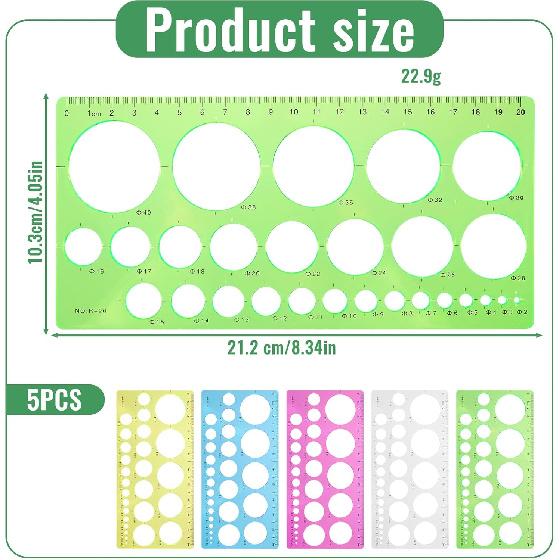 5 PCS Circle Template Plastic Circle Stencil Template Multi-Function Circles Oval Measuring Templates Measuring Geometry Ruler Formwork Drawings