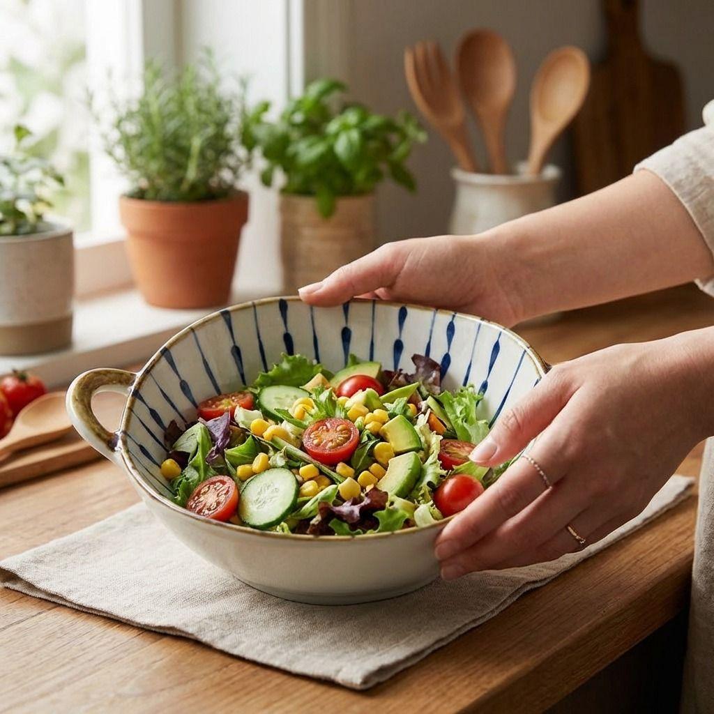 Japanese Irregular Ceramic Bowl with Double Handles, Soup Noodle Salad Fruit Serving Bowl for Home Tableware