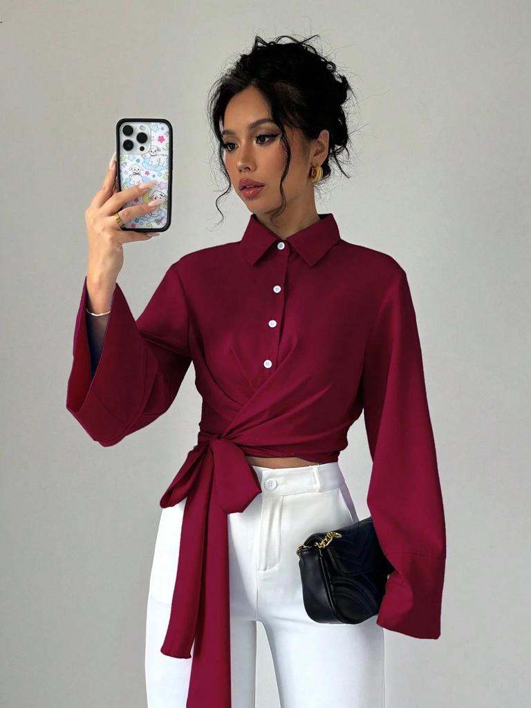 2025 Elegantes Damen-Hemd mit Schleife: Vielseitig, Einfarbig, Frühling & Herbst Design