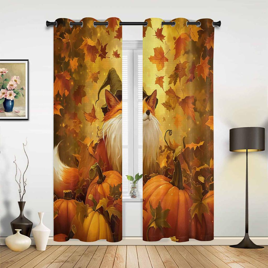 Autumn Leaf Cartoon Animal Fox Curtains Bedroom Living Room Drapes Kitchen Children Window Curtain Home Decor Modern Polyester Washable Area Ready