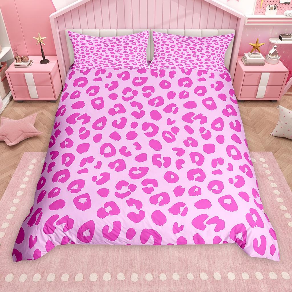 Homewish Rosa Blau Grau Leopardenmuster Bettbezug-Set, Ästhetisches Gepardenmuster Steppdeckenbezug-Set, Tierisches Thema Bettwäsche-Set
