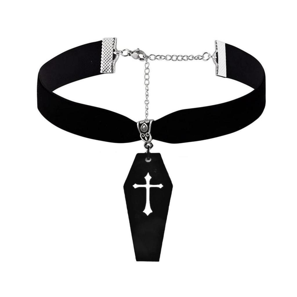 Gothic Style Vintage Velvet Coffin Cross Pendant With Cherry Elements For Halloween Decor