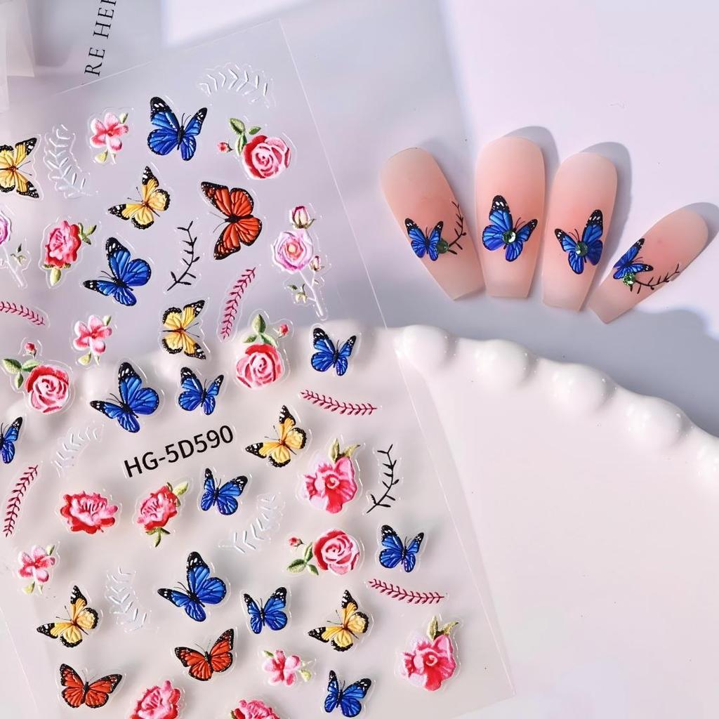 5D Butterfly Rose Flower Nail Art Stickers - 3D Flat Back Adhesive for Versatile DIY Designs