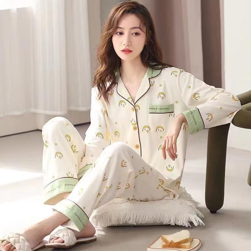 In the elderly 100% pure cotton pajamas women's spring and autumn models autumn and winter long-sleeved large-size suit casual can wear loungewear