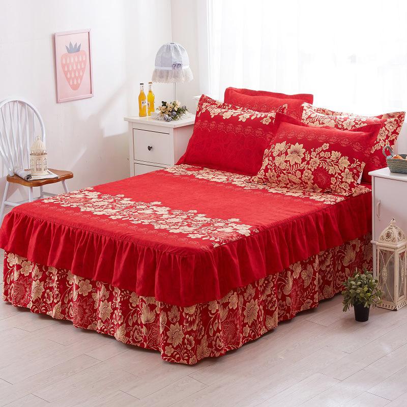 3pcs Modern Korean Floral Bed Skirt Set with Lotus Leaf Embellishments and Princess Floral Pattern, All-Season Brushed Light Beige-Friendly Bedding