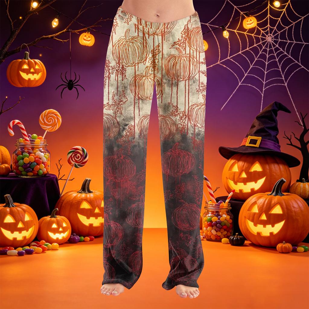 Women Halloween Print Plush Lounge Pants Soft Elastic Waistband Relaxed Fit Long Casual Trousers for Indoor Outdoor Wear
