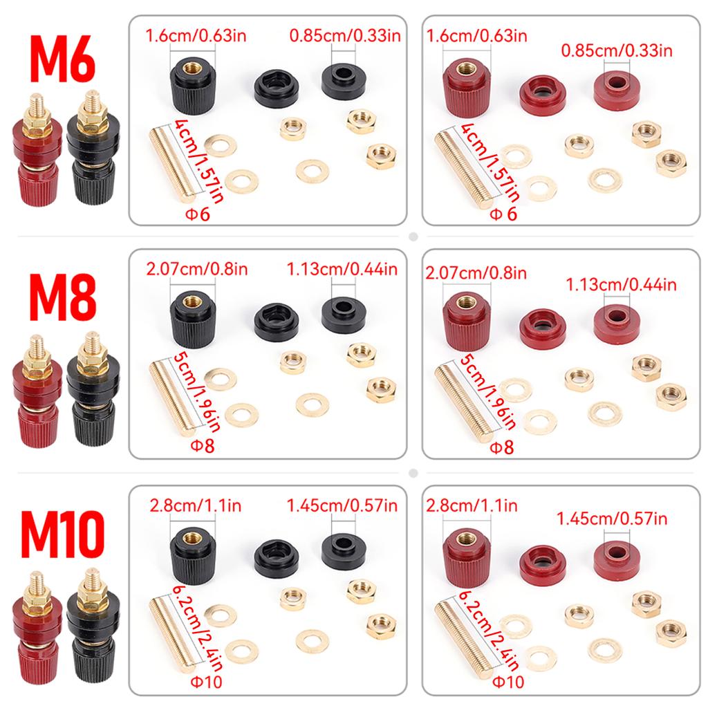 1 Pair High Current Pure Copper Terminal 333 555 Series Lithium Battery Inverter Wire Bolt M5 M6 M8 M10 Thread Screw Red Black