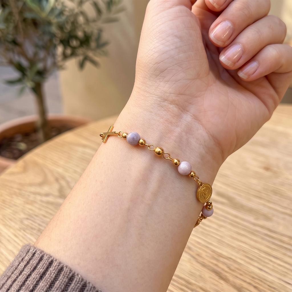 Stainless Steel Virgin Mary Cross Bracelet Natural Stone Beads Catholic Miraculous Medal Jewelry